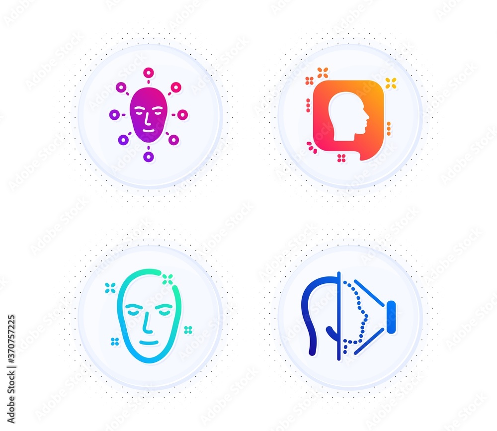 Face biometrics, Head and Health skin icons simple set. Button with halftone dots. Face id sign. Facial recognition, Profile messages, Phone scanning. Healthcare set. Vector Face biometrics, Head and Health skin icons simple set. Button with halftone dots. Face id sign. Facial recognition, Profile messages, Phone scanning. Healthcare set. Vector