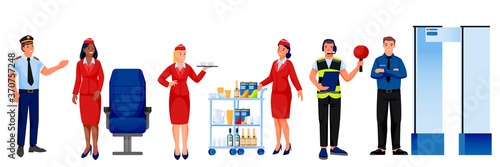 Airline, airport staff team vector illustration. Pilot, stewardess, security officer, flight dispatcher characters set