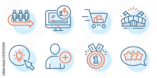 Sports arena, Shopping cart and Approved signs. Like video, Stars and Add user line icons set. Energy, Queue symbols. Thumbs up, Customer feedback. Business set. Outline icons set. Vector