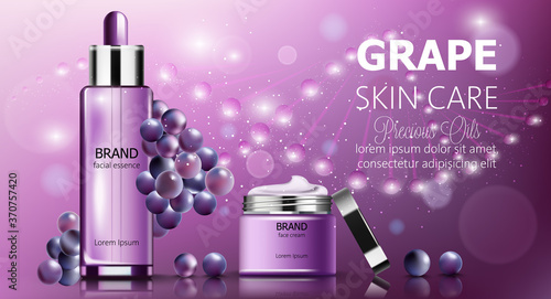 Banner set of grape skin care cosmetics. Facial essence and cream. Purple color. Product placement
