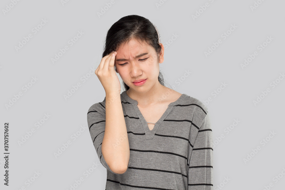 young asian woman arms raised touch her head feel headache young asian woman arms raised touch her head feel headache