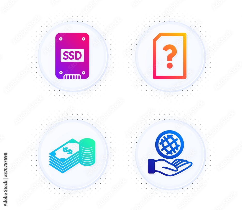 Ssd, Savings and Unknown file icons simple set. Button with halftone dots. Safe planet sign. Solid-state drive, Finance currency, Doc with question mark. Ecology. Business set. Vector Ssd, Savings and Unknown file icons simple set. Button with halftone dots. Safe planet sign. Solid-state drive, Finance currency, Doc with question mark. Ecology. Business set. Vector