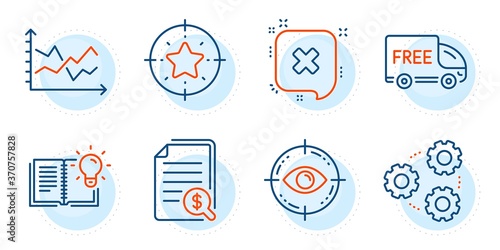 Product knowledge, Eye target and Financial documents signs. Free delivery, Diagram chart and Star target line icons set. Gears, Reject symbols. Shopping truck, Presentation graph. Vector