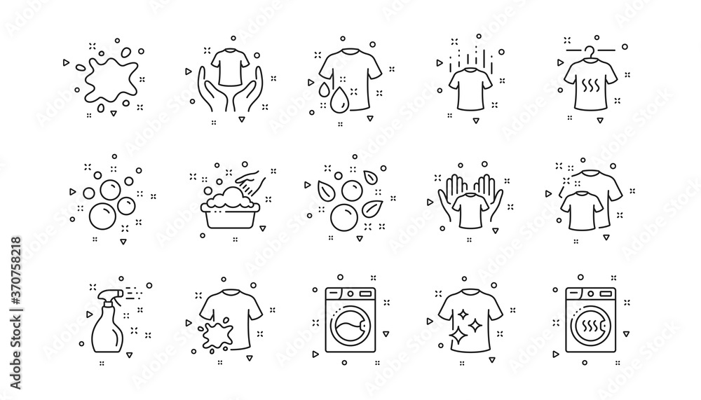 Dryer, Washing machine and dirt shirt. Laundry line icons. Laundromat, hand washing, laundry service icons. Linear set. Geometric elements. Quality signs set. Vector Dryer, Washing machine and dirt shirt. Laundry line icons. Laundromat, hand washing, laundry service icons. Linear set. Geometric elements. Quality signs set. Vector