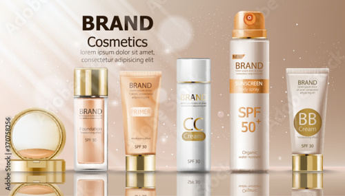 Beige color make up cosmetics set with cream, sunscreen spray, primer and foundation. Mirror and sun shining decoration