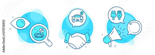 Car service, Parking and Recovery data line icons set. Handshake deal, research and promotion complex icons. Computer cables sign. Repair service, Car park, Backup info. Rj45 internet. Vector
