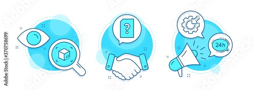 Seo gear, Unknown file and Augmented reality line icons set. Handshake deal, research and promotion complex icons. 24h service sign. Cogwheel, Doc with question mark, Virtual reality. Vector