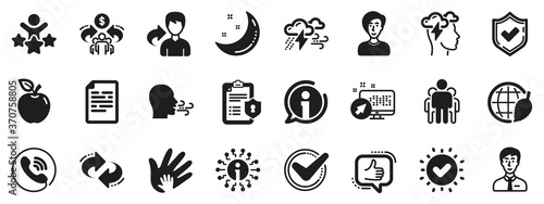 Privacy Policy, Social Responsibility, Breath icons. Check mark, Sharing economy and Mindfulness stress, Breath people icons. Bad weather, Tick check mark, sharing refer, stress. Vector