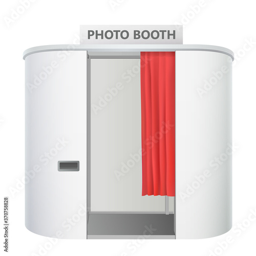 modern white oval photo booth with red curtain isolated on white background realistic 3d vector illustration