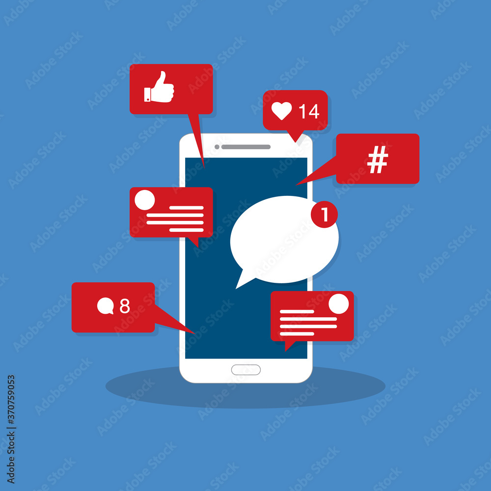 Viral content, social activity and smm - likes, shares and comments popping up on the mobile screen