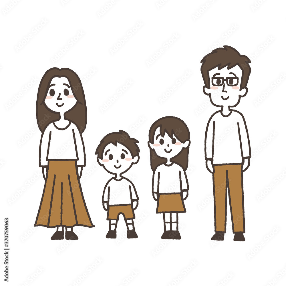 笑顔で立っている4人家族のイラスト