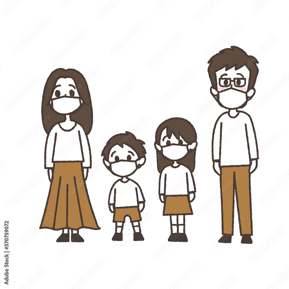 マスクをして立っている4人家族のイラスト