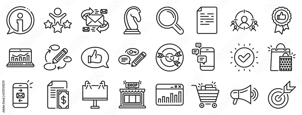 Set of Strategy target, Feedback, Advertisement campaign icons. Marketing, research line icons. Research marketing, Communication and Keywords. Chess Knight, Target, Mail. Business strategy. Vector