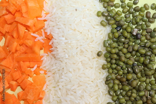 The resemblence of tri colored Indian map with food items like carrot, rice, green gram. For the occasion of Indian Independence day  photo