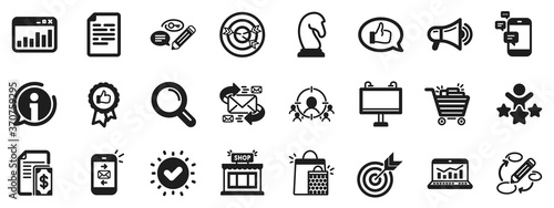 Set of Strategy target  Feedback  Advertisement campaign icons. Marketing  research icons. Research marketing  Communication and Keywords. Chess Knight  Target  Mail. Business strategy. Vector