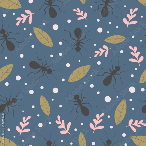 Nature seamless pattern with ants and leaves. Insects and plants. Vector illustration.