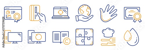 Set of Business icons, such as Payment card, Recovery computer. Certificate, save planet. Food, Oil drop, Hand. Seo certificate, Copyright, Puzzle. Seo laptop, Computer line icons. Vector