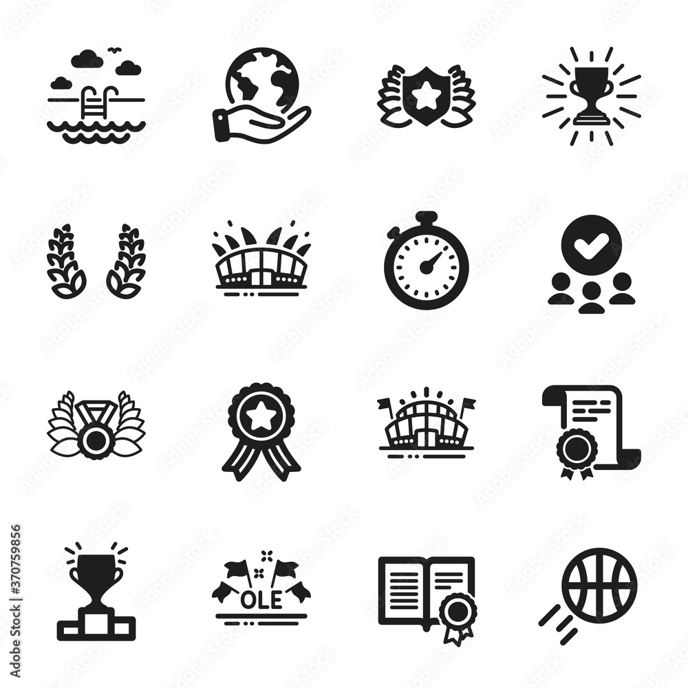 Set of Sports icons, such as Basketball, Diploma. Certificate, approved group, save planet. Arena stadium, Trophy, Laureate. Ole chant, Laureate medal, Swimming pool. Vector Set of Sports icons, such as Basketball, Diploma. Certificate, approved group, save planet. Arena stadium, Trophy, Laureate. Ole chant, Laureate medal, Swimming pool. Vector