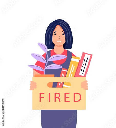 Dismissal from work. Frustrated young woman holding a box with her belongings. Female character who lost his job. Layoff, unemployment, job cuts concept. Cute vector illustration.