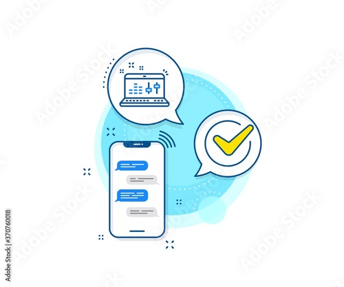 DJ controller sign. Phone messages complex icon. Sound check line icon. Musical app on laptop symbol. Messenger chat screen banner. Sound check sign. Vector