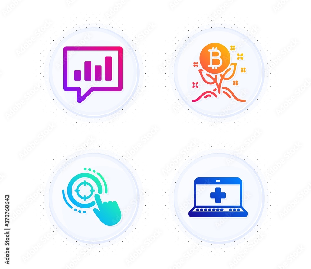 Bitcoin project, Analytical chat and Seo target icons simple set. Button with halftone dots. Medical help sign. Cryptocurrency startup, Communication speech bubble, Click aim. Medicine laptop. Vector Bitcoin project, Analytical chat and Seo target icons simple set. Button with halftone dots. Medical help sign. Cryptocurrency startup, Communication speech bubble, Click aim. Medicine laptop. Vector