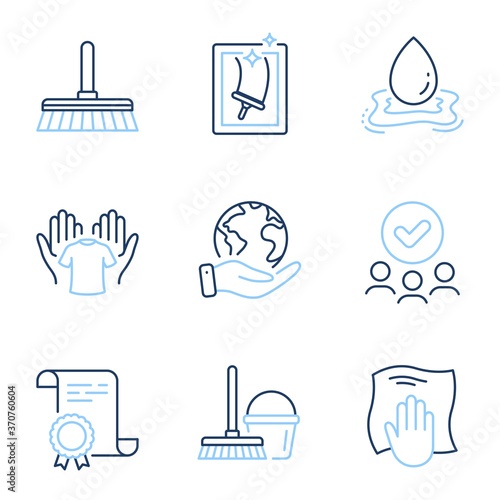 Cleaning mop, Water splash and Washing cloth line icons set. Diploma certificate, save planet, group of people. Hold t-shirt, Bucket with mop and Window cleaning signs. Vector