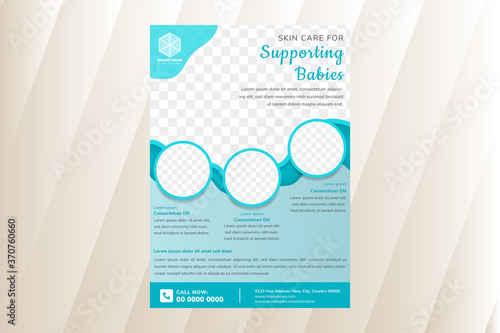 Skin care for Supporting babies flyer template design use vertical layout. wavy style use blue color. circle space for photo collage. 