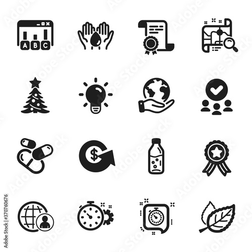 Set of Business icons, such as Light bulb, Capsule pill. Certificate, approved group, save planet. Dollar exchange, International recruitment, Water bottle. Timer, Leaf, Search map. Vector
