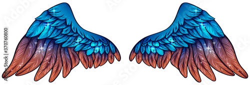 Beautiful magic glittery blue brown backgound angel wings, vector