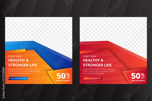 Start your healthy and stronger life campaign of square banner template design. the element colors are blue, orange and red gradient. transparency dot pattern. Space for photo collage on top