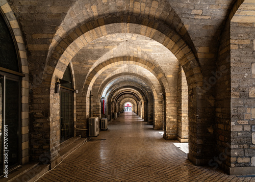 Old architectural arched passage on Nizami street, Baku city
