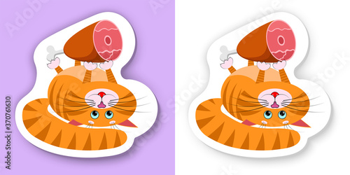 A cute cartoon red fat cat, kitty lies on its back and holds in its paws big ham. With white outline and drop shadow