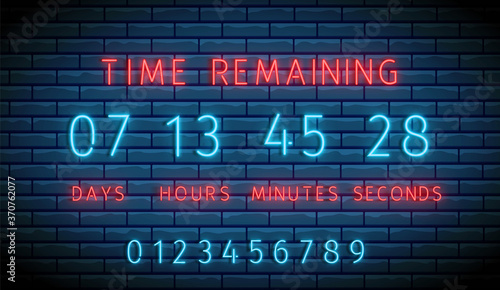 Neon clock counter. Countdown timer. Vector. Time remaining board. Illuminated digital count down. Shiny days, hours, minutes and seconds on display. Glowing scoreboard on brick wall. Led illustration