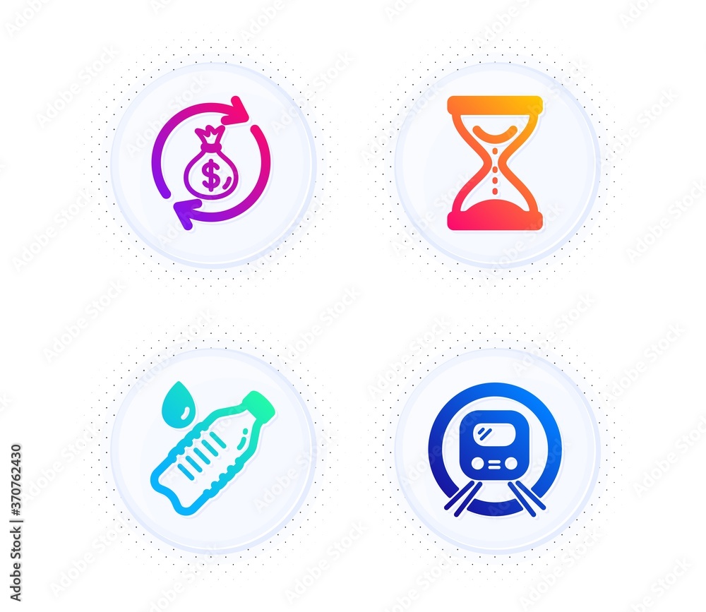 Money exchange, Time hourglass and Water bottle icons simple set. Button with halftone dots. Metro subway sign. Cash in bag, Sand watch, Still drink. Underground. Business set. Vector