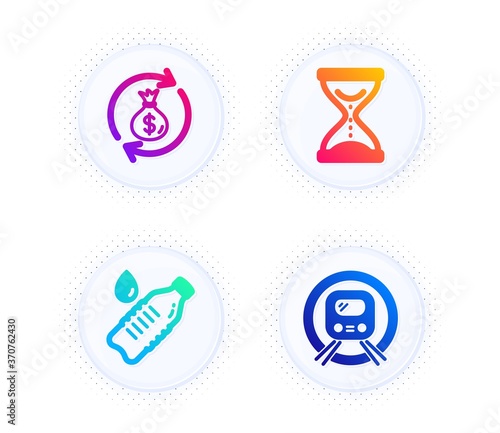 Money exchange, Time hourglass and Water bottle icons simple set. Button with halftone dots. Metro subway sign. Cash in bag, Sand watch, Still drink. Underground. Business set. Vector