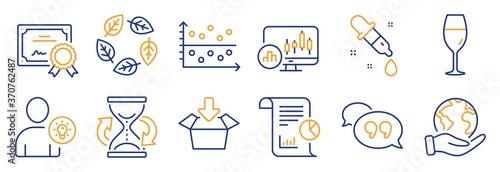 Set of Business icons, such as Quote bubble, Dot plot. Certificate, save planet. User idea, Candlestick chart, Chemistry pipette. Get box, Organic tested, Report. Vector