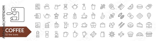 Coffee line icon set. Coffee makers, dishes, spices. Vector illustration. Collection