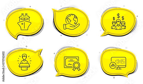 Ship sign. Diploma certificate, save planet chat bubbles. Salary employees, Brand ambassador and Report statistics line icons set. People earnings, Man speak, Graph chart. Shipping watercraft. Vector