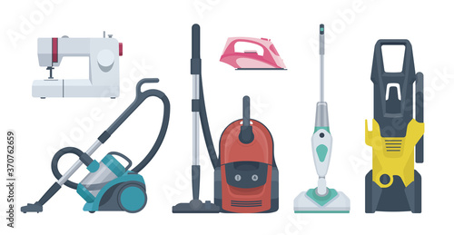 Flat appliances set. Vacuum cleaner, sewing machine, iron. Vector illustration
