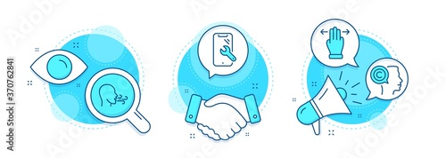 Writer, Multitasking gesture and Smartphone repair line icons set. Handshake deal, research and promotion complex icons. Breathing exercise sign. Copyrighter, Swipe, Phone recovery. Breath. Vector