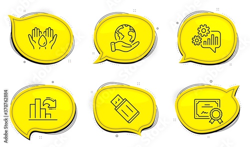 Usb flash sign. Diploma certificate, save planet chat bubbles. Safe water, Cogwheel and Decreasing graph line icons set. Hold drop, Engineering tool, Column chart. Memory stick. Technology set. Vector