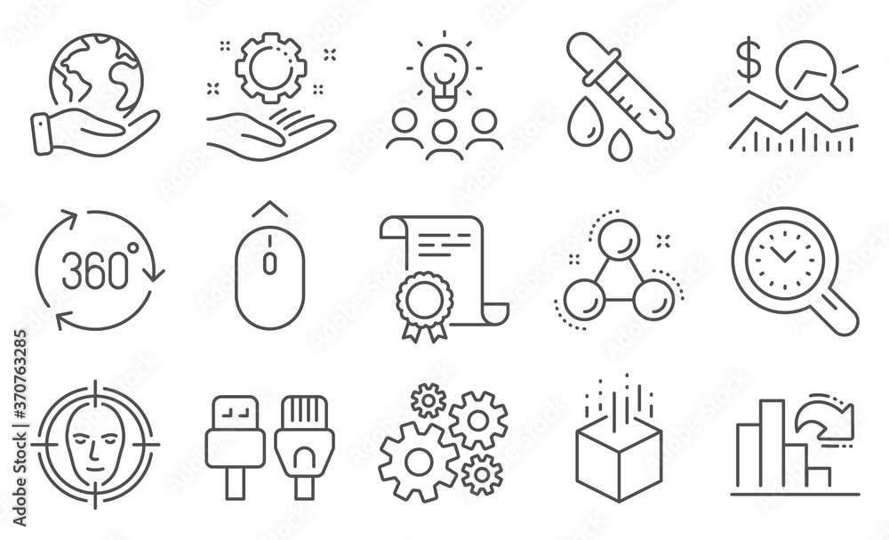 Set of Science icons, such as Check investment, Swipe up. Diploma, ideas, save planet. 360 degree, Time management, Cogwheel. Augmented reality, Computer cables, Employee hand. Vector Set of Science icons, such as Check investment, Swipe up. Diploma, ideas, save planet. 360 degree, Time management, Cogwheel. Augmented reality, Computer cables, Employee hand. Vector