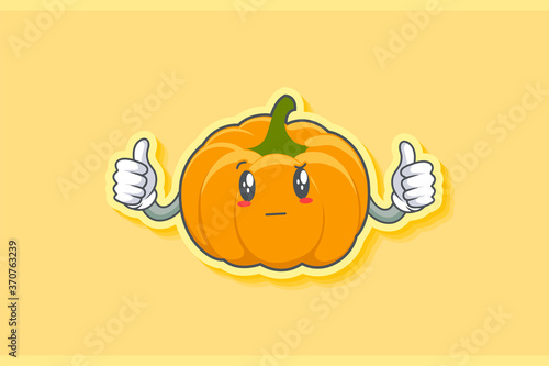 REALLY, ATTENTIVE, Curios Face Emotion. Double Thumb Up Hand Gesture. Yellow, Orange Pumpkin Fruit Cartoon Drawing Mascot Illustration.