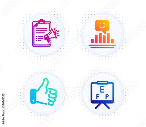 Like hand, Smile and Megaphone checklist icons simple set. Button with halftone dots. Vision board sign. Thumbs up, Positive feedback, Brand check. Eye check. Business set. Vector