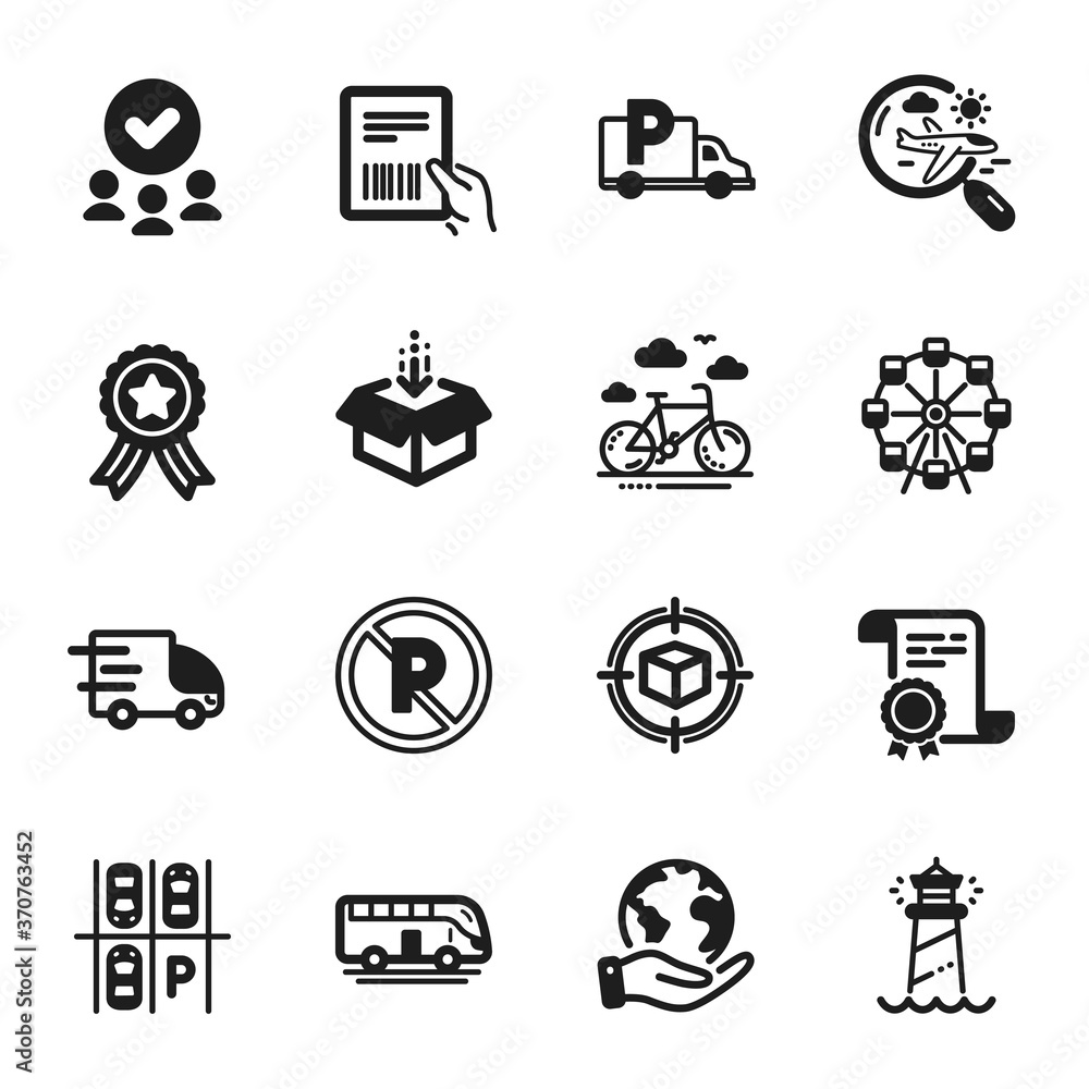 Set of Transportation icons, such as Search flight, Lighthouse. Certificate, approved group, save planet. Parking place, Parcel invoice, No parking. Truck delivery, Ferris wheel, Get box. Vector Set of Transportation icons, such as Search flight, Lighthouse. Certificate, approved group, save planet. Parking place, Parcel invoice, No parking. Truck delivery, Ferris wheel, Get box. Vector