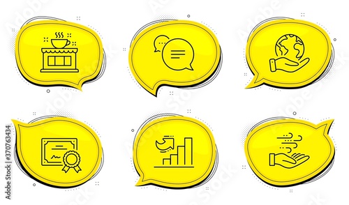 Coffee shop sign. Diploma certificate, save planet chat bubbles. Text message, Growth chart and Wind energy line icons set. Chat bubble, Diagram graph, Breeze power. Tea house. Business set. Vector