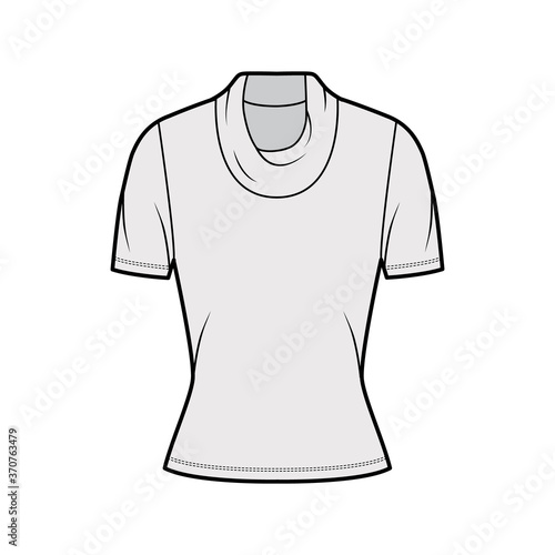Cowl turtleneck jersey sweater technical fashion illustration with short sleeves, close-fitting shape. Flat outwear apparel template front, grey color. Women, men, unisex t-shirt top CAD mockup
