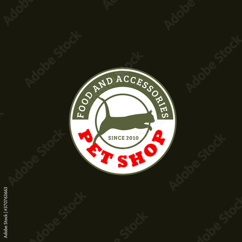 Pet shop logo with circle frame and cat silhouette decorated with simple typography isolated on dark background perfect for pet shop logo which provide food and accessories