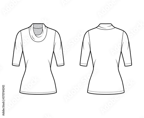 Cowl turtleneck jersey sweater technical fashion illustration with elbow sleeves, close-fitting shape, tunic length. Flat outwear apparel template front, back white color. Women men unisex top mockup