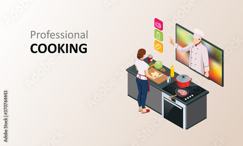 Isometric cooking school blog. Woman chef cooking while streaming online for webinar masterclass lesson at home